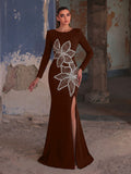 Sequin Floral Embellished Gown | High Neck Long Sleeve Maxi Dress with V-Back & High Side Slit | Formal Evening Dress for Parties, Galas, Proms