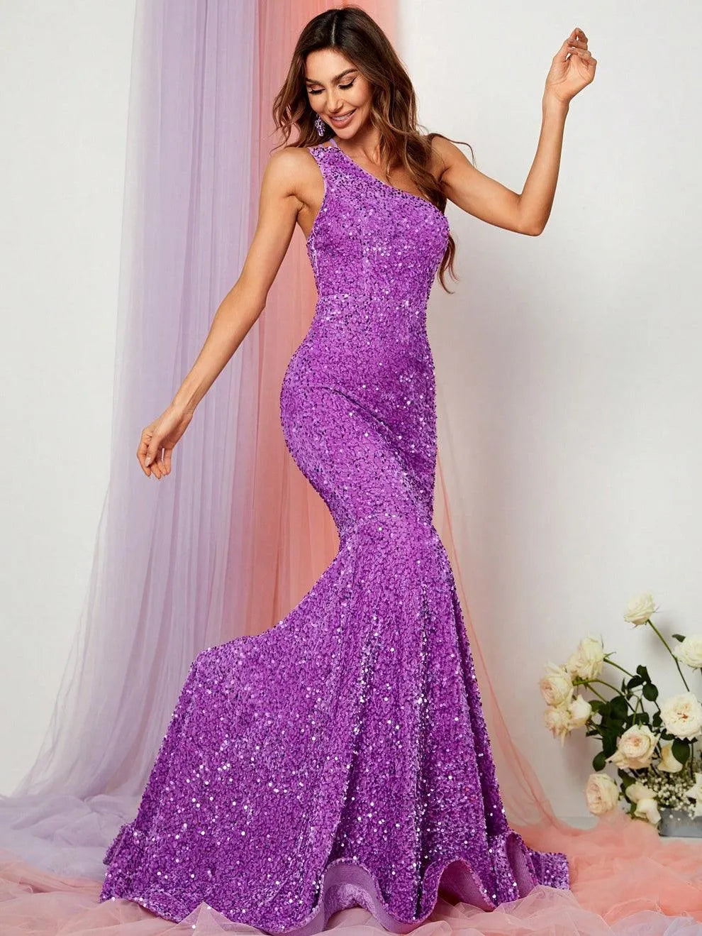 Elegant One Shoulder Sleeveless Sequin Mermaid Dresses - Elonnashop