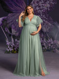 Plus Maternity  V Neck Layered Ruffle Sleeves Split Prom Dress