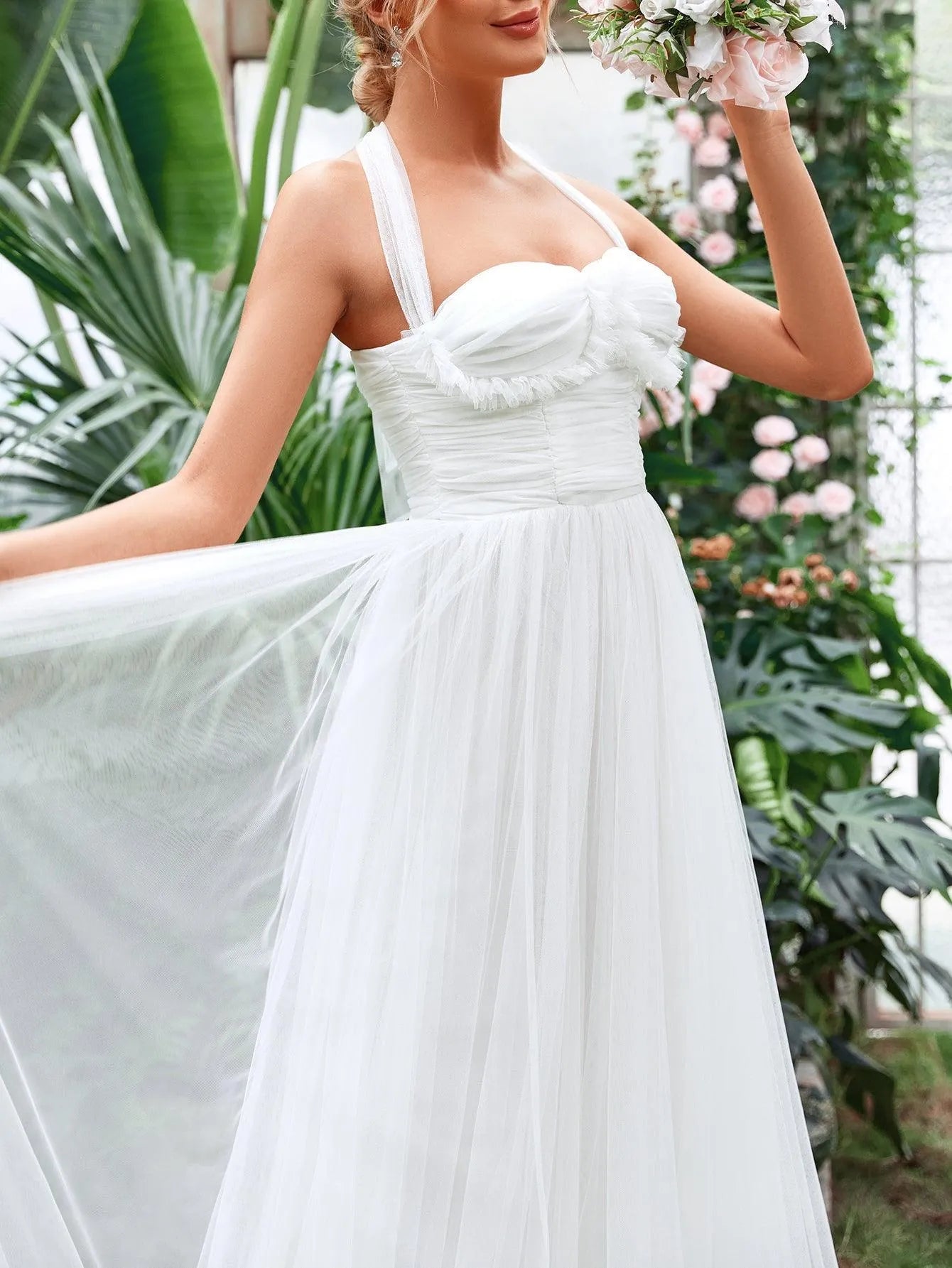 Halter Neck Applique Ruched Bustier Mesh Wedding Dress - Elonnashop