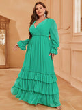 Plus Lantern Sleeve Layered Ruffle Hem Chiffon Dress - Elonnashop
