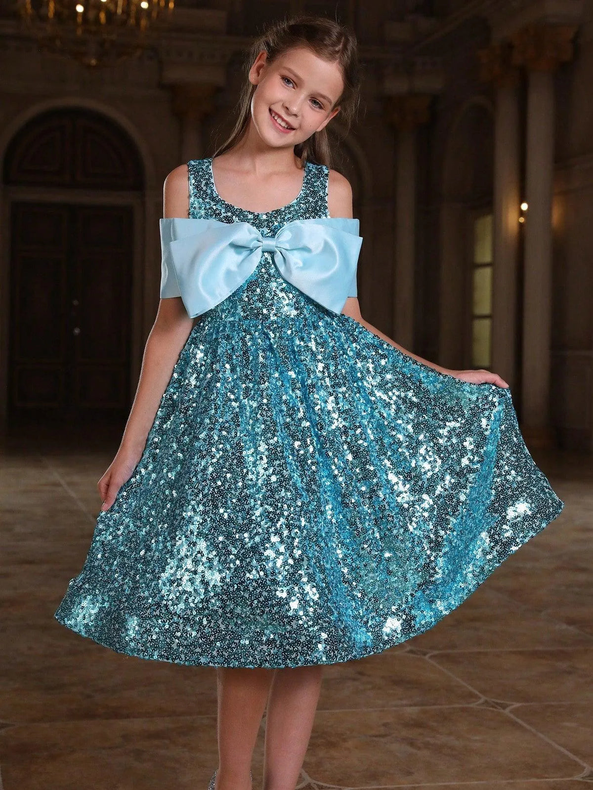 Tween Girls' Bow Detail Sequin Party Dress - Elonnashop