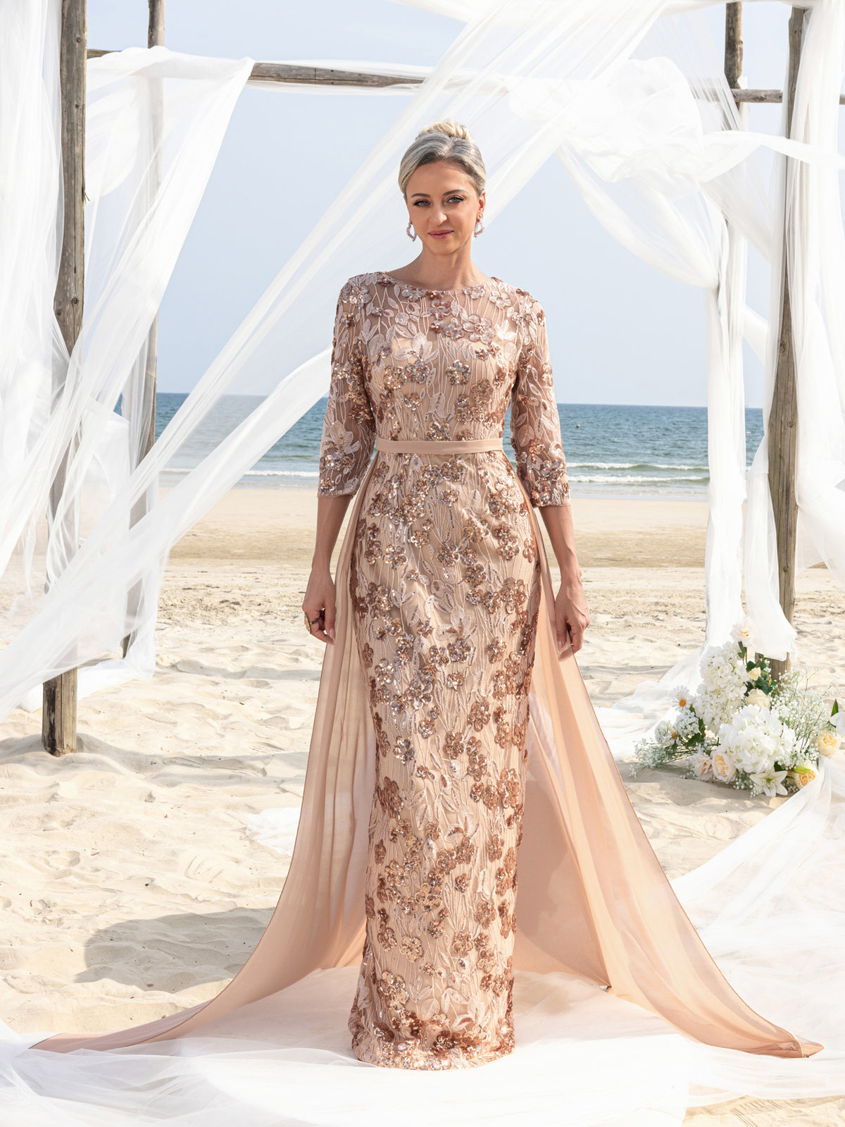 Womens' Luxurious Evening Gown with Embroidered Sequin Detailing & Chiffon Skirt – Sculpted Bodice & Sheer Train for Formal Galas