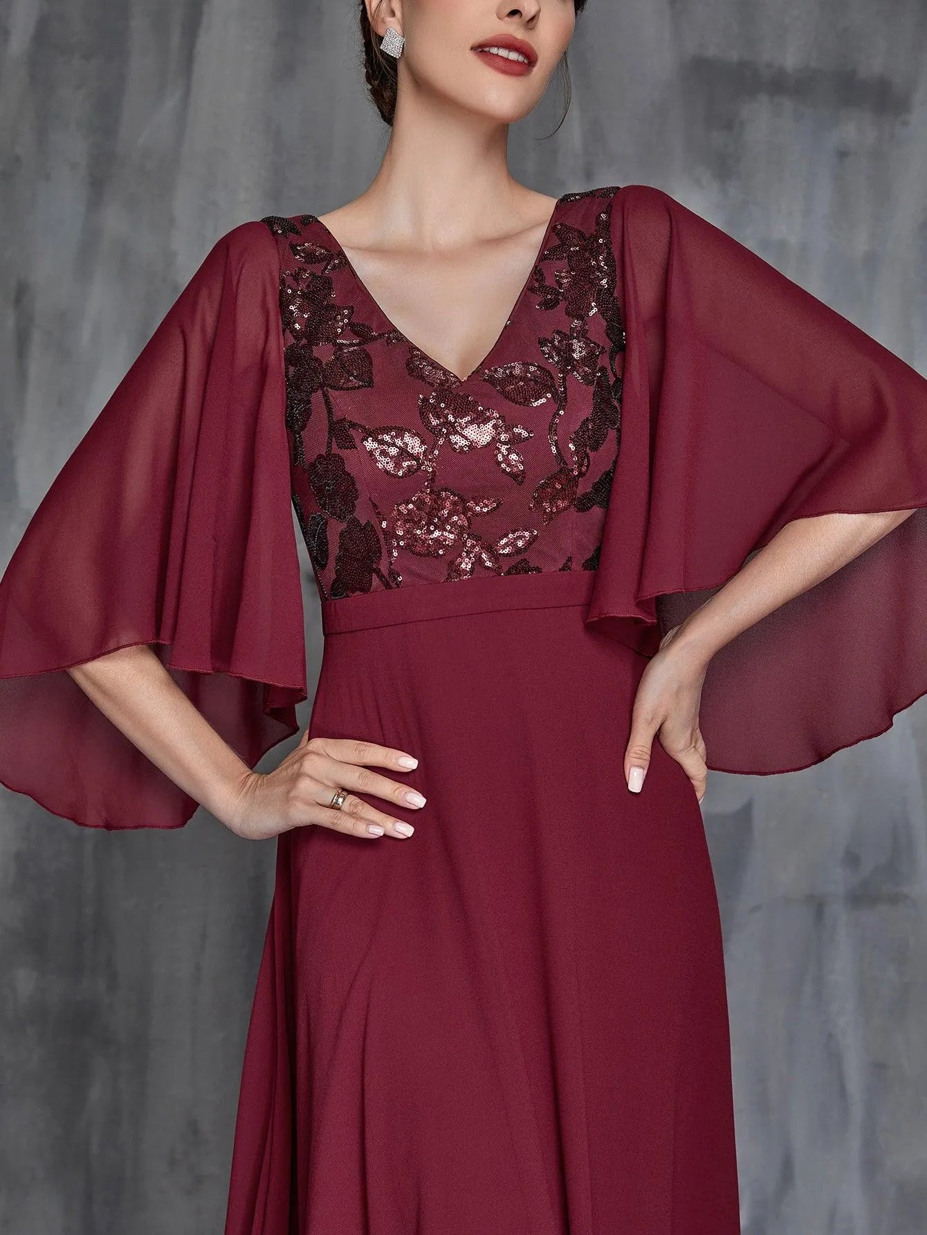 Womens‘ Flounce Sleeve Contrast Sequin Chiffon Dress - Elonnashop