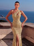 Elegant One Shoulder Split Thigh Sequin Mermaid Hem Evening Dress