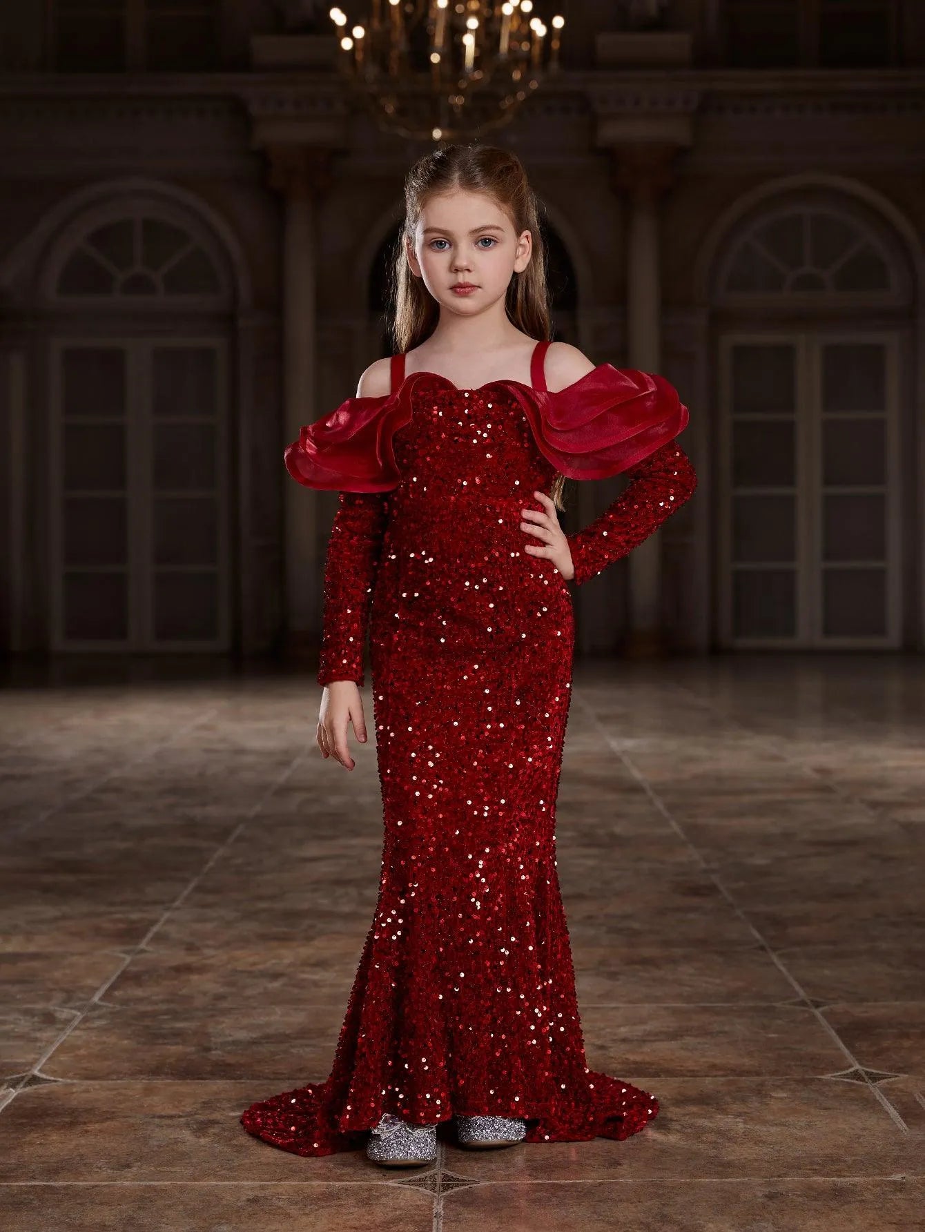 Tween Girls' Off Shoulder Ruffle Trim Sequin Mermaid Dress - Elonnashop