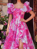 Elegant Ruffle Trim Off Shoulder Floral Organza Prom Dress