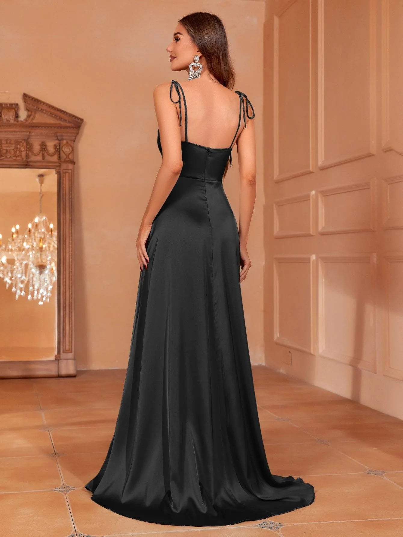 Elegant Tie Shoulder Satin Bridesmaid Dress - Elonnashop