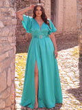 Plus Rhinestone Detail Ruffle Sleeve Satin Belted Dress