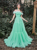 Elegant Feather Trim Off Shoulder Layered Tulle Prom Dress - Elonnashop