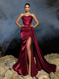 Elegant Strapless Mermaid Hem Satin Evening Dress with Sequin Accents