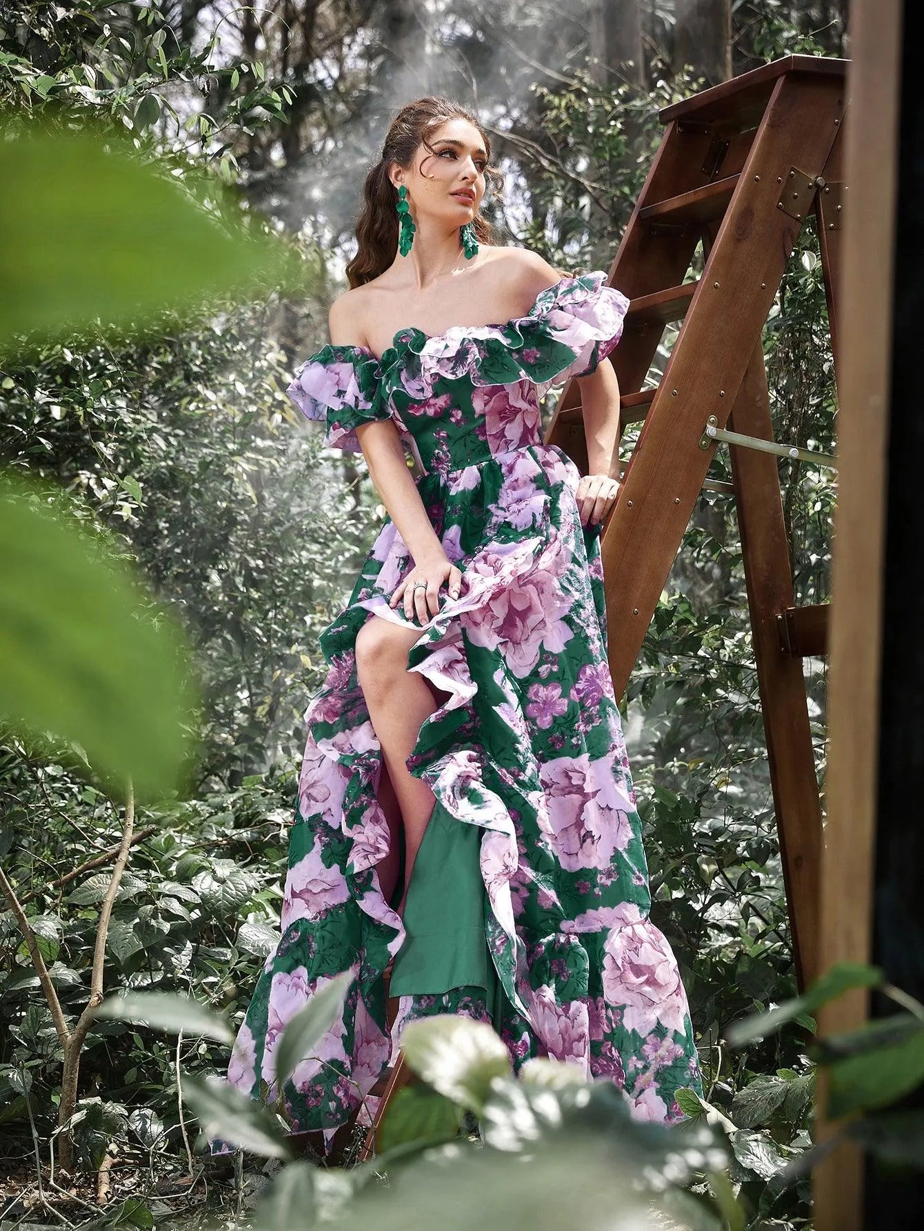 Elegant Ruffle Trim Off Shoulder Floral Organza Prom Dress - Elonnashop