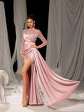 Elegant Satin Evening Gown with High Side Slit & Beaded Sequin Sleeves – Luxurious for Art Gallery Openings or Luxury Charity Galas, XS-XL