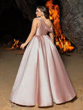 Plus Elegant Sloping Neck Split A-line Satin Formal Prom Dress
