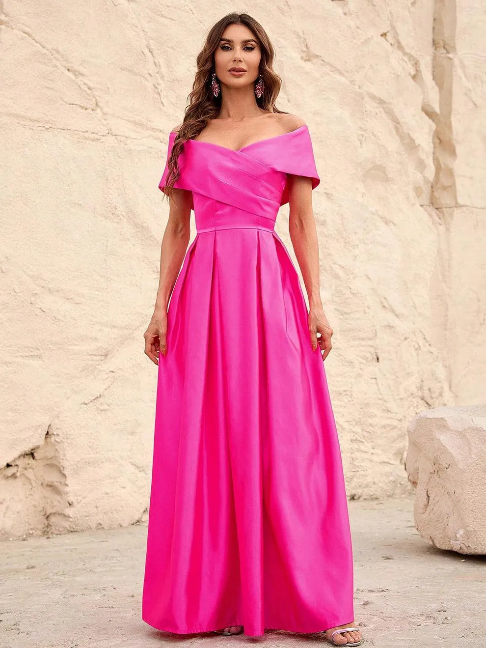 Off Shoulder Fold Pleated Detail Satin A Line Dress - Elonnashop