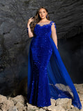 Plus Gorgeous Sequin Mermaid Evening Gown - Illusion Neckline Formal Dress with Long Lace Sleeves & Train
