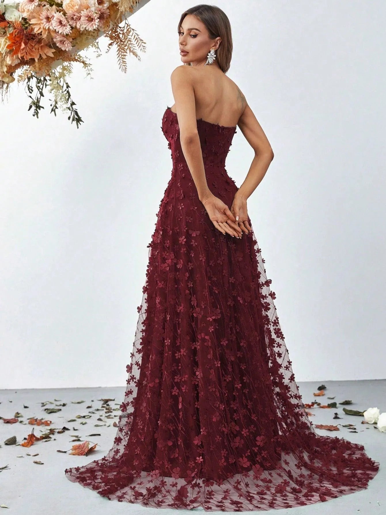 Elegant Floral Appliques Split Thigh Tube Dresses - Elonnashop