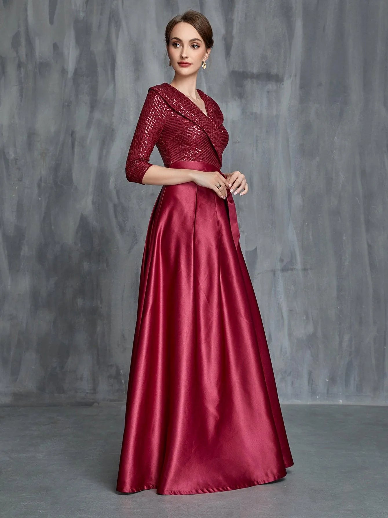 Womens' Shawl Collar Sequin Contrast Satin Formal Dress - Elonnashop