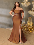 Plus Off-Shoulder Mermaid Gown with Ruching | Silver Belt & High Side Slit