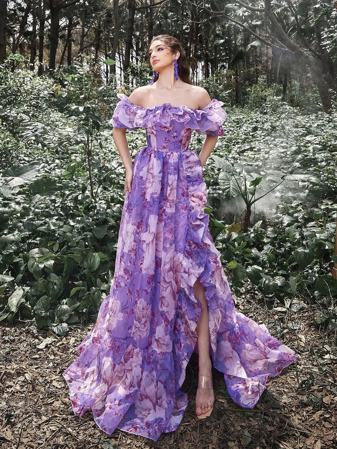 Elegant Ruffle Trim Off Shoulder Floral Organza Prom Dress - Elonnashop