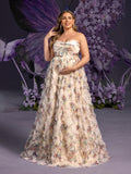 Plus Maternity  Strapless Ruffle Trim Floral Mesh Party Dress
