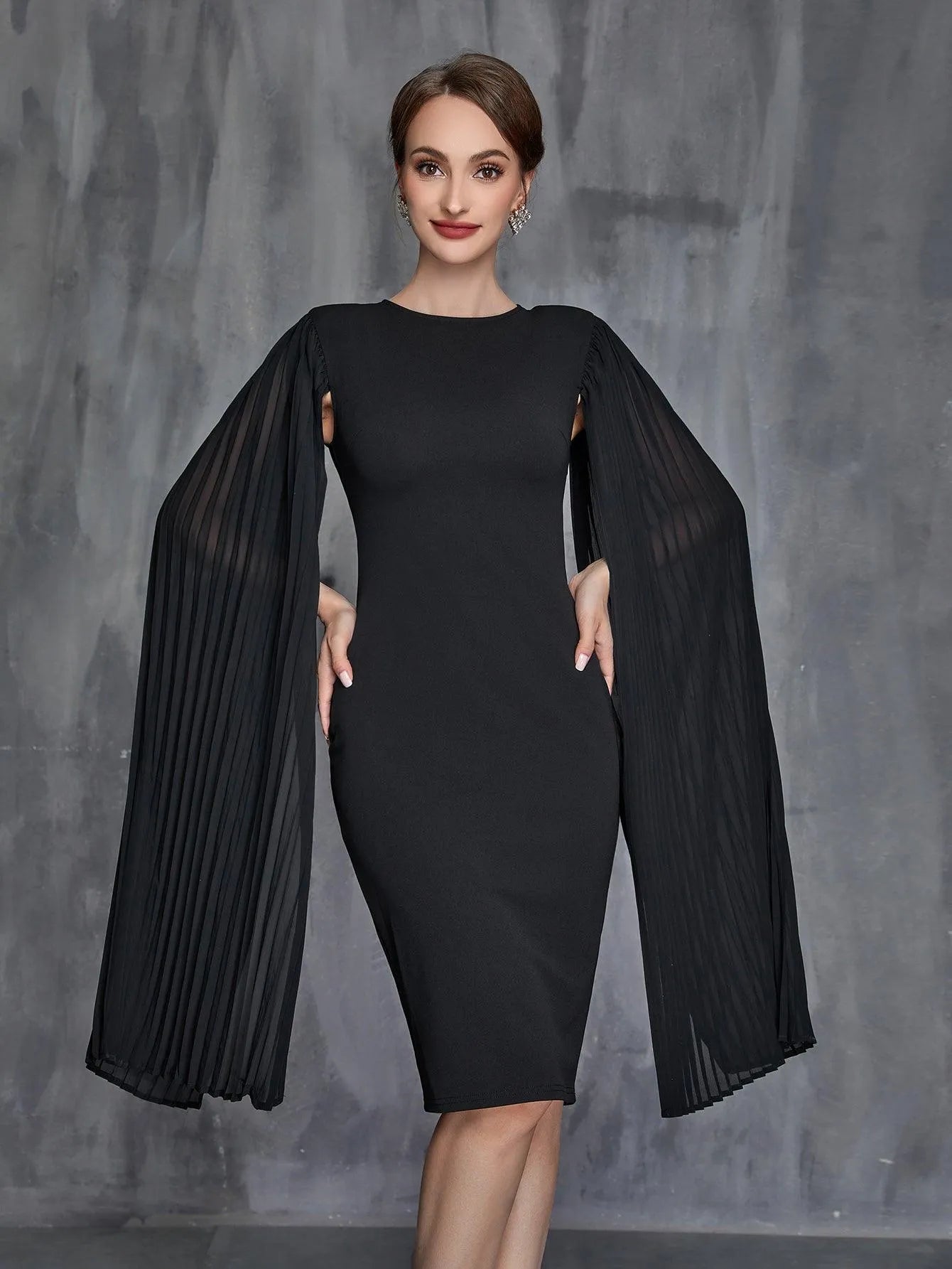 Womens' Pleated Cloak Sleeves Midi Dress - Elonnashop