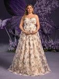 Plus Maternity  Strapless Ruffle Trim Floral Mesh Party Dress