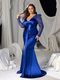 Plus Deep V-Neck Satin Mermaid Gown with Sheer Tulle Sleeves, Sparkling Embellishments & High Slit