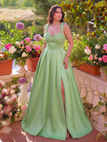 Plus Elegant Applique Detail Sweetheart Neck Split Thigh Satin Prom Dress