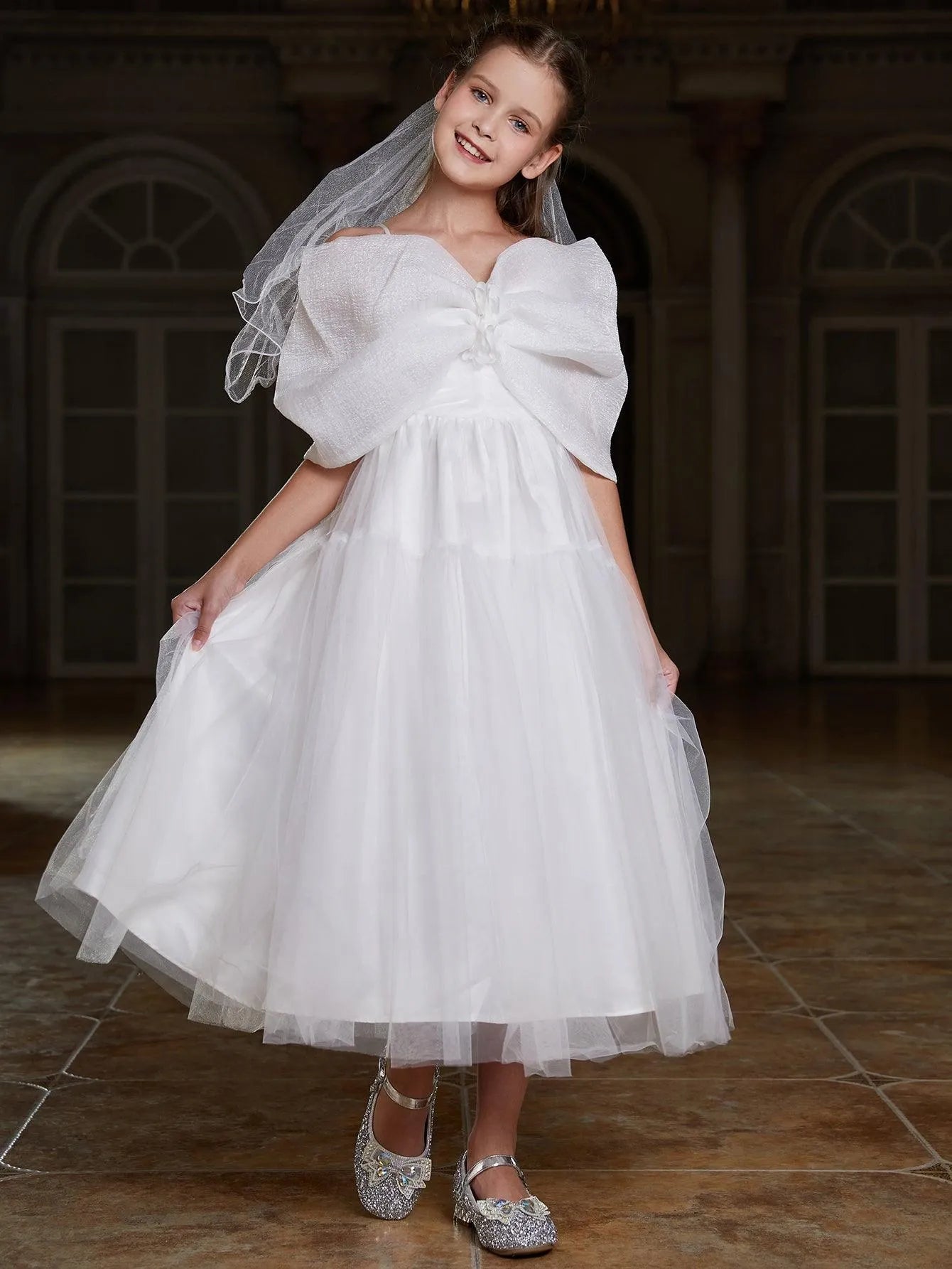 Tween Girls' Bow Front Off Shoulder Mesh A Line Dress - Elonnashop