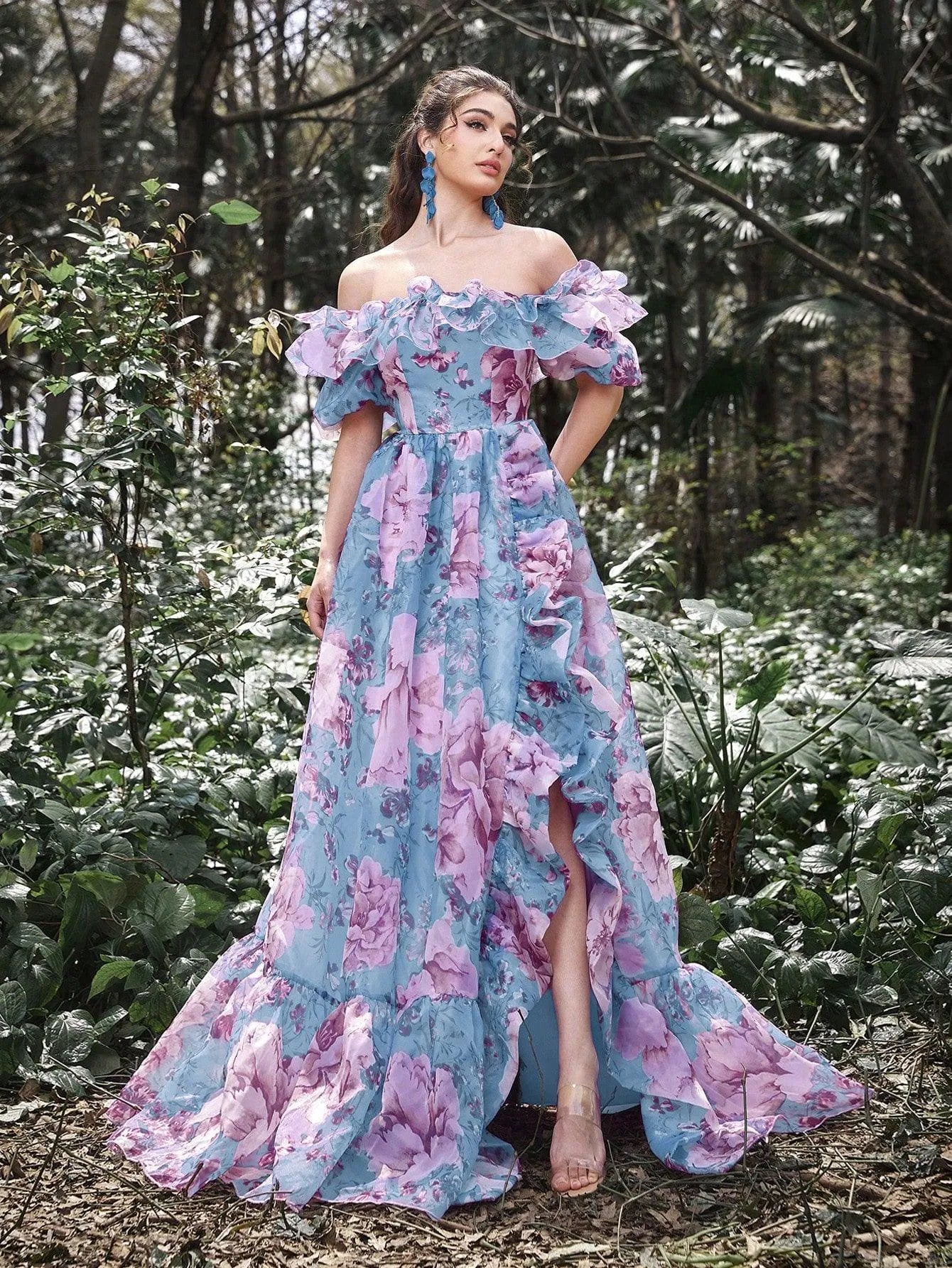 Elegant Ruffle Trim Off Shoulder Floral Organza Prom Dress - Elonnashop