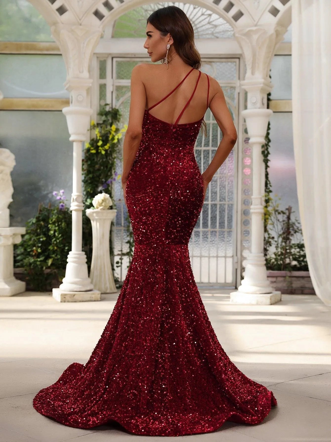 Elegant One Shoulder Sleeveless Sequin Mermaid Dresses - Elonnashop