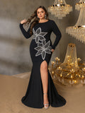 Plus Sequin Floral Embellished Gown | High Neck Long Sleeve Maxi Dress with V-Back & High Side Slit | Formal Evening Dress for Parties, Galas, Proms
