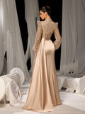 Elegant Satin Evening Gown with High Slit & Crystal-Embellished Sleeves – Luxurious Backdrop for High-End Wedding Receptions or Charity Galas, XS-XL