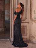 One-Shoulder Sequined Gown with Thigh-High Slit