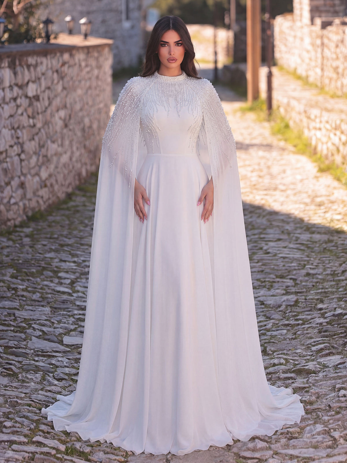 High Neck Beaded Cape Evening Gown | Open Back A-Line Chiffon Dress with Detachable Sleeves | Formal Occasion Dress for Weddings, Proms, Ceremonies