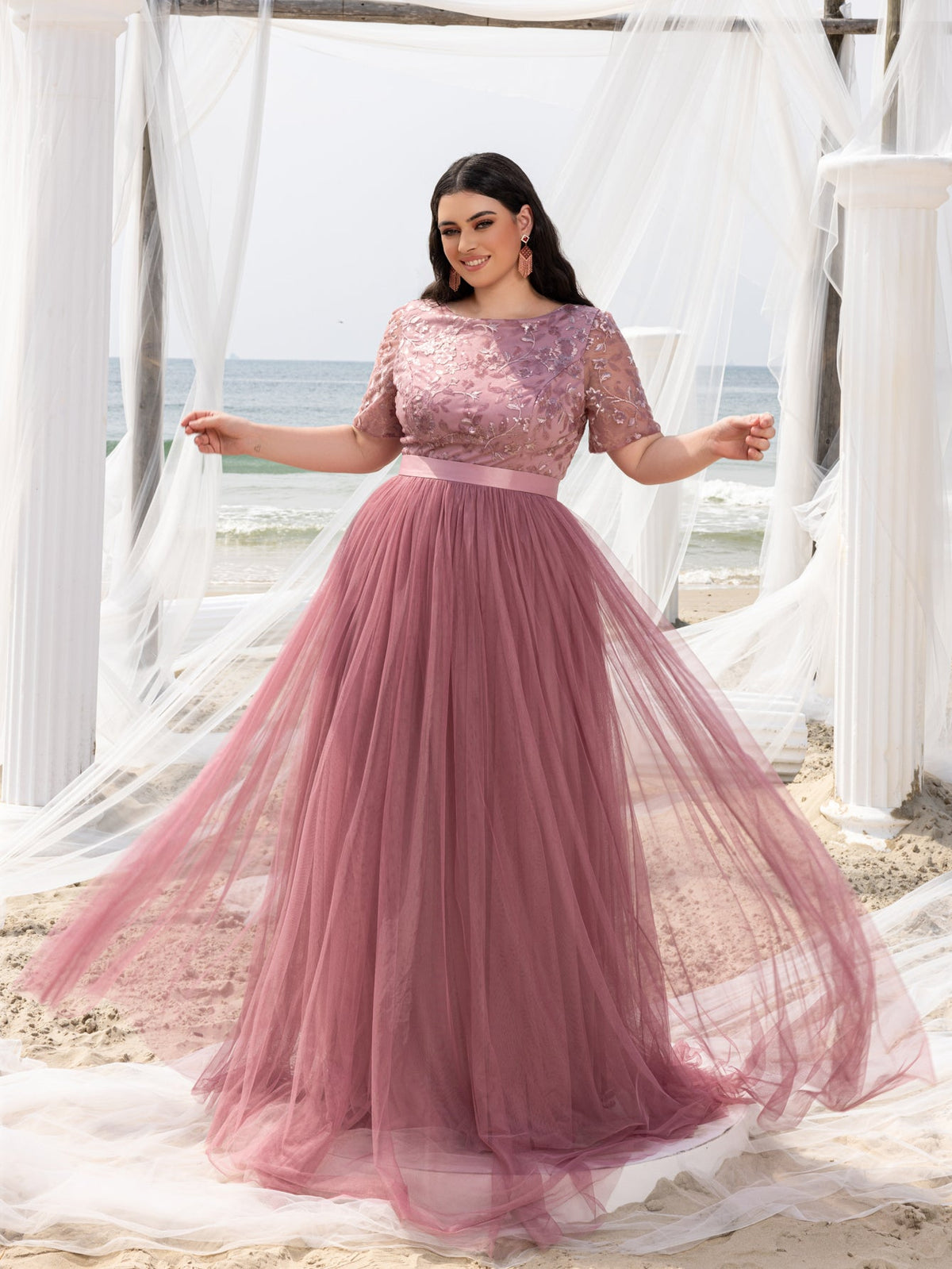 Plus-size Boat Neck Gown with Floral Sequin Embroidered Bodice & Tulle Skirt