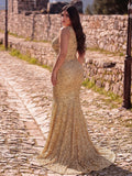 Plus Elegant One Shoulder Split Thigh Sequin Mermaid Hem Evening Dress