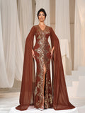 Gorgeous Sequin Embroidery Evening Gown - V-Neck Mermaid Dress with Cape Sleeves & High Slit