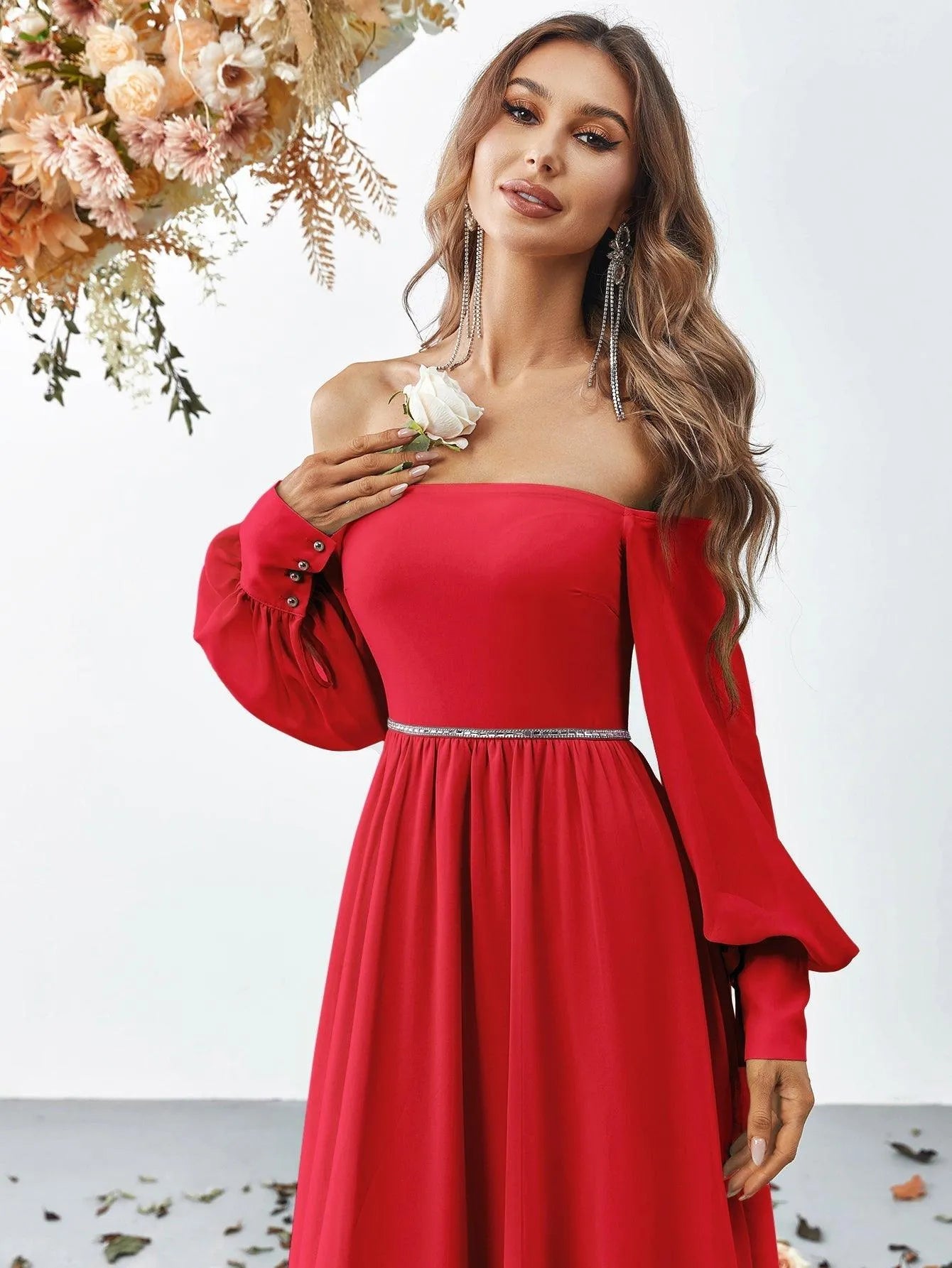 Off Shoulder Bishop Sleeves Chiffon Formal Dress - Elonnashop