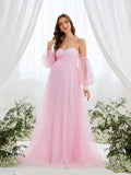 Maternity Off-Shoulder Evening Gown with Puff Sleeves – Flowy Tulle Dress for Pregnancy Photoshoots & Baby Showers