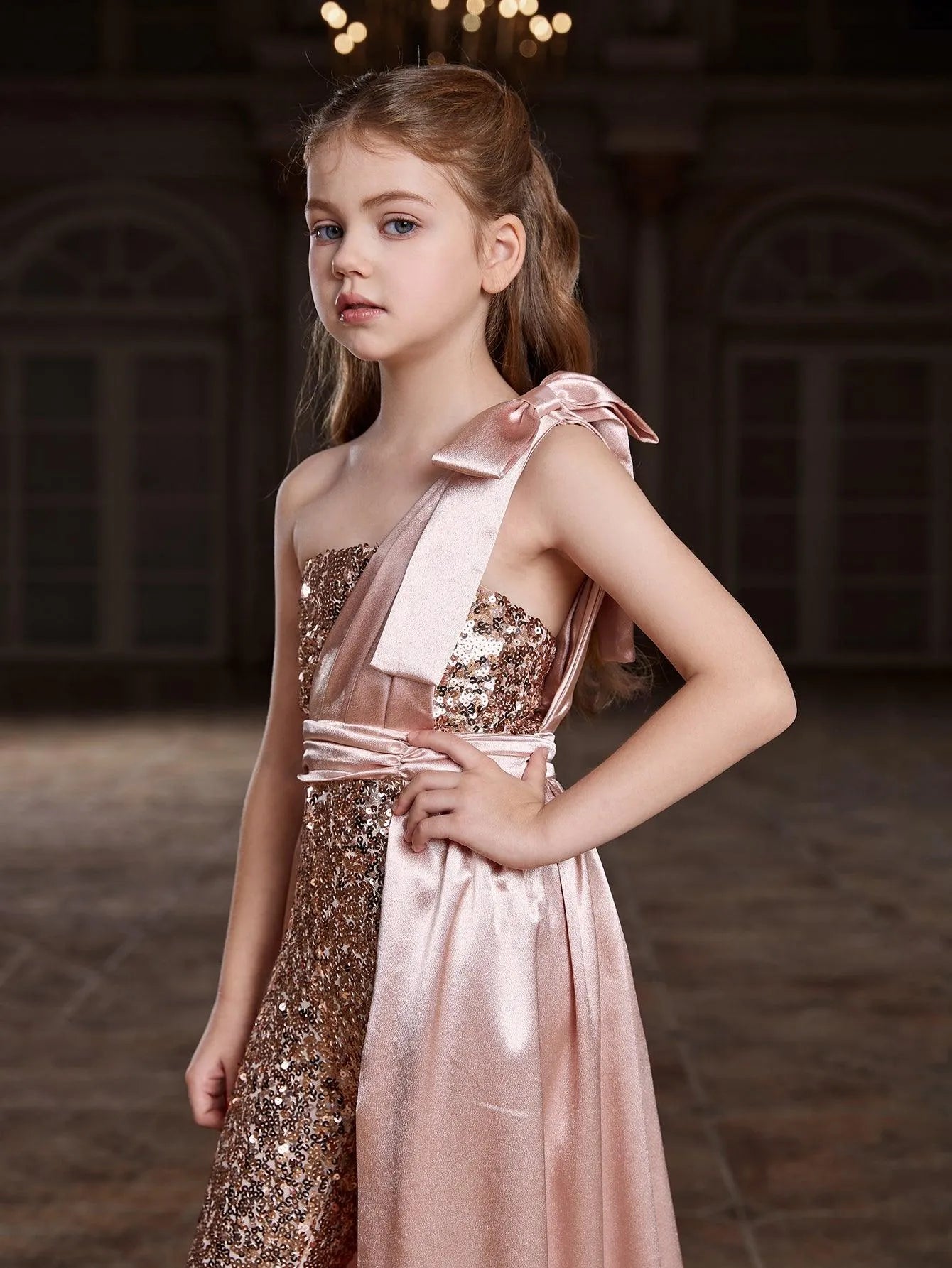 Tween Girls' One Shoulder Satin Overlay Sequin Jumpsuit - Elonnashop