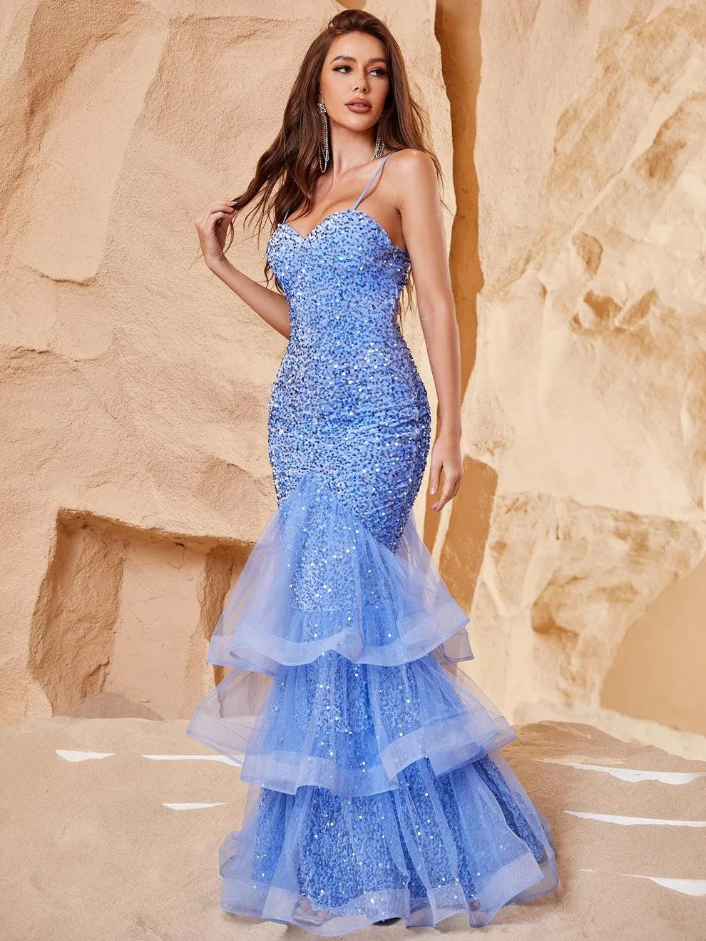 Spaghetti Strap Back Cut Out Sequin Mermaid Dress - Elonnashop