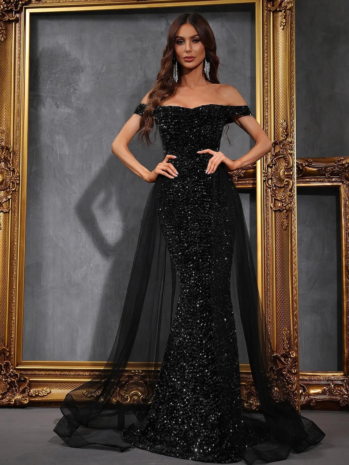 Off Shoulder Sequin Mermaid Dresses Mesh Layer On Waist - Elonnashop