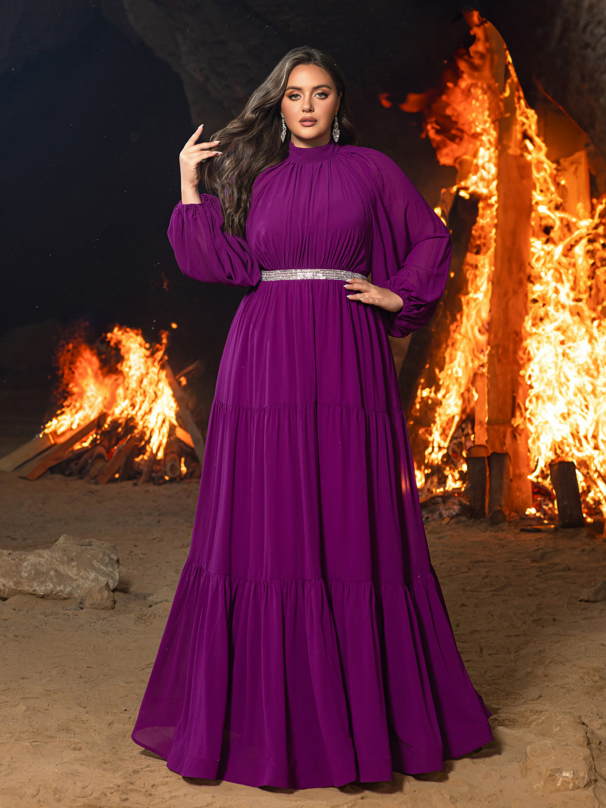 Plus Chiffon Mock Neck Evening Gown with Tiered Ruffles – Structured Maxi Dress for Gala Dinners, Awards Nights & Dramatic Events