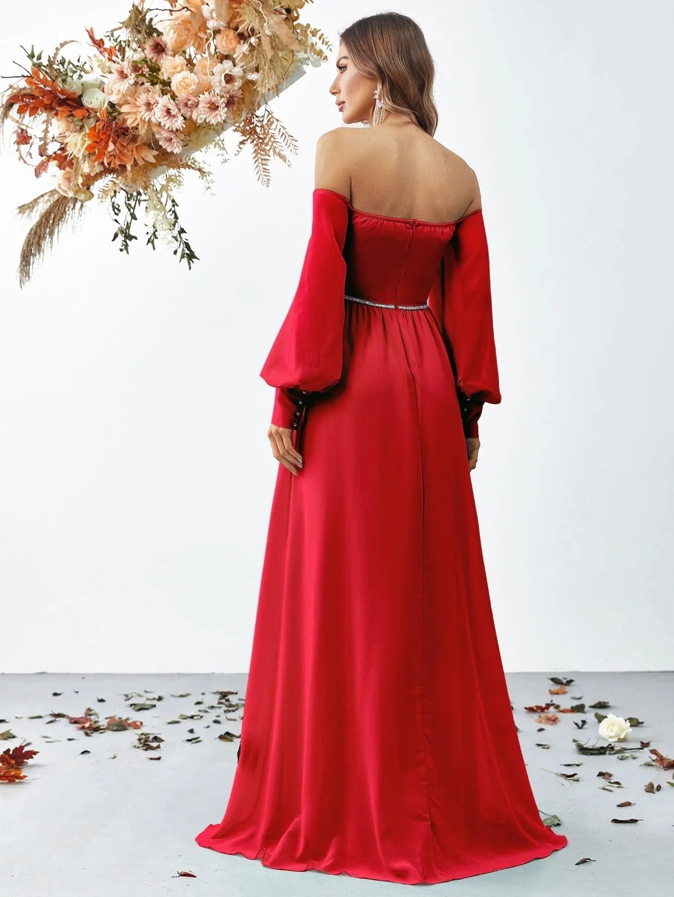 Off Shoulder Bishop Sleeves Chiffon Formal Dress - Elonnashop