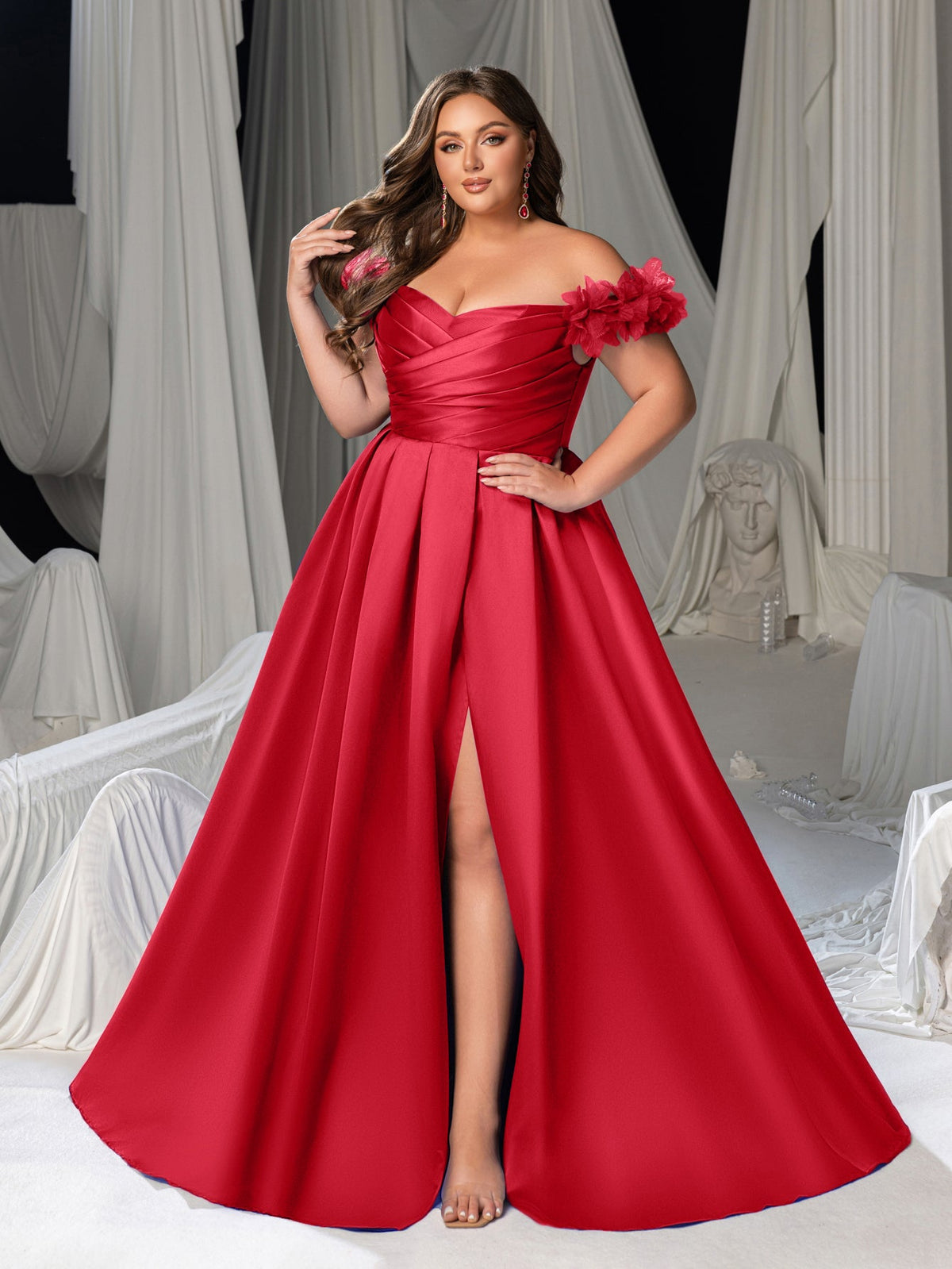 Plus Off-Shoulder Evening Gown with 3D Floral Appliqué | High Thigh Slit & Laced Back