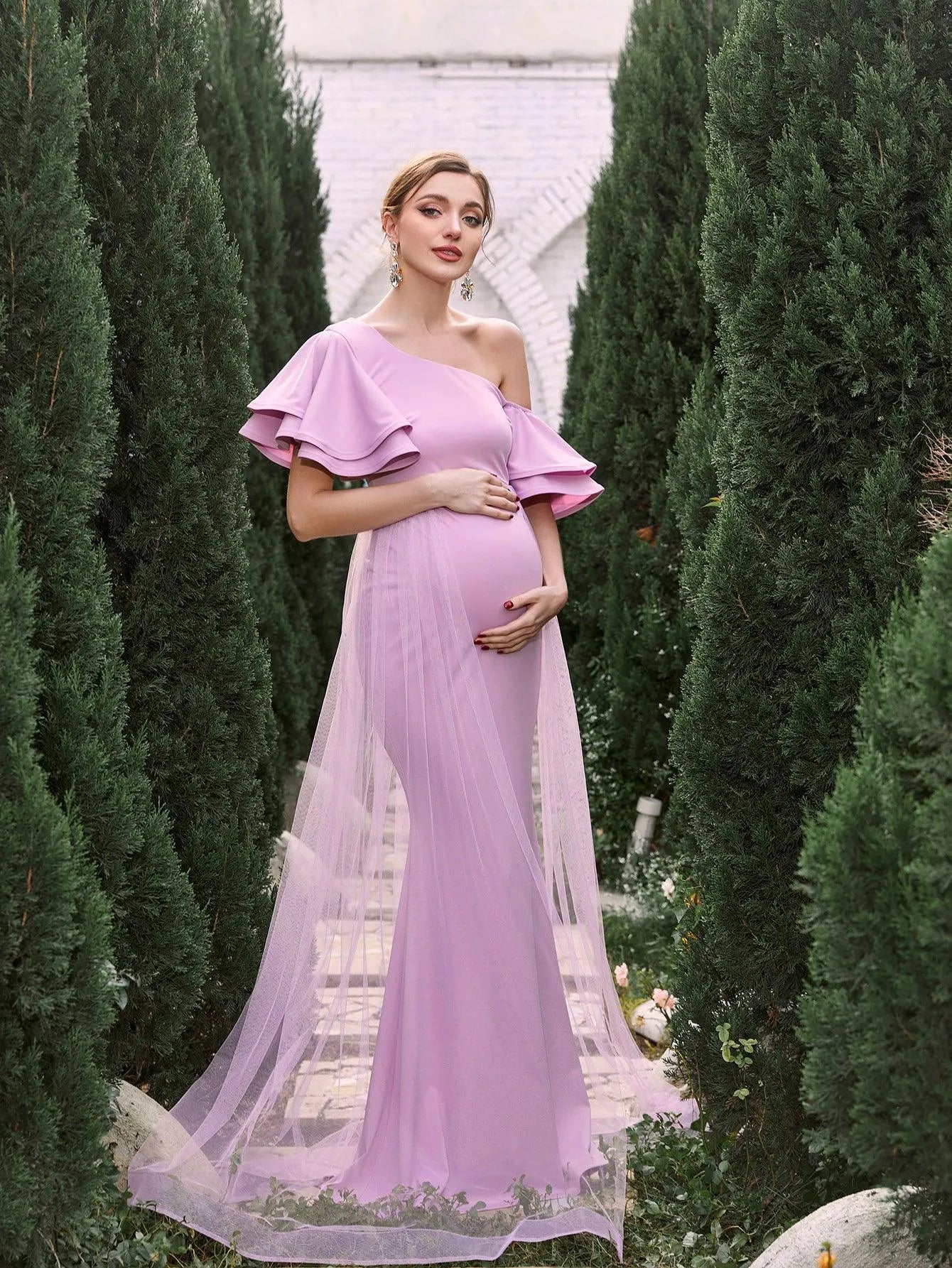 Maternity Asymmetrical Collar Ruffle Sleeves Mermaid Dress - Elonnashop