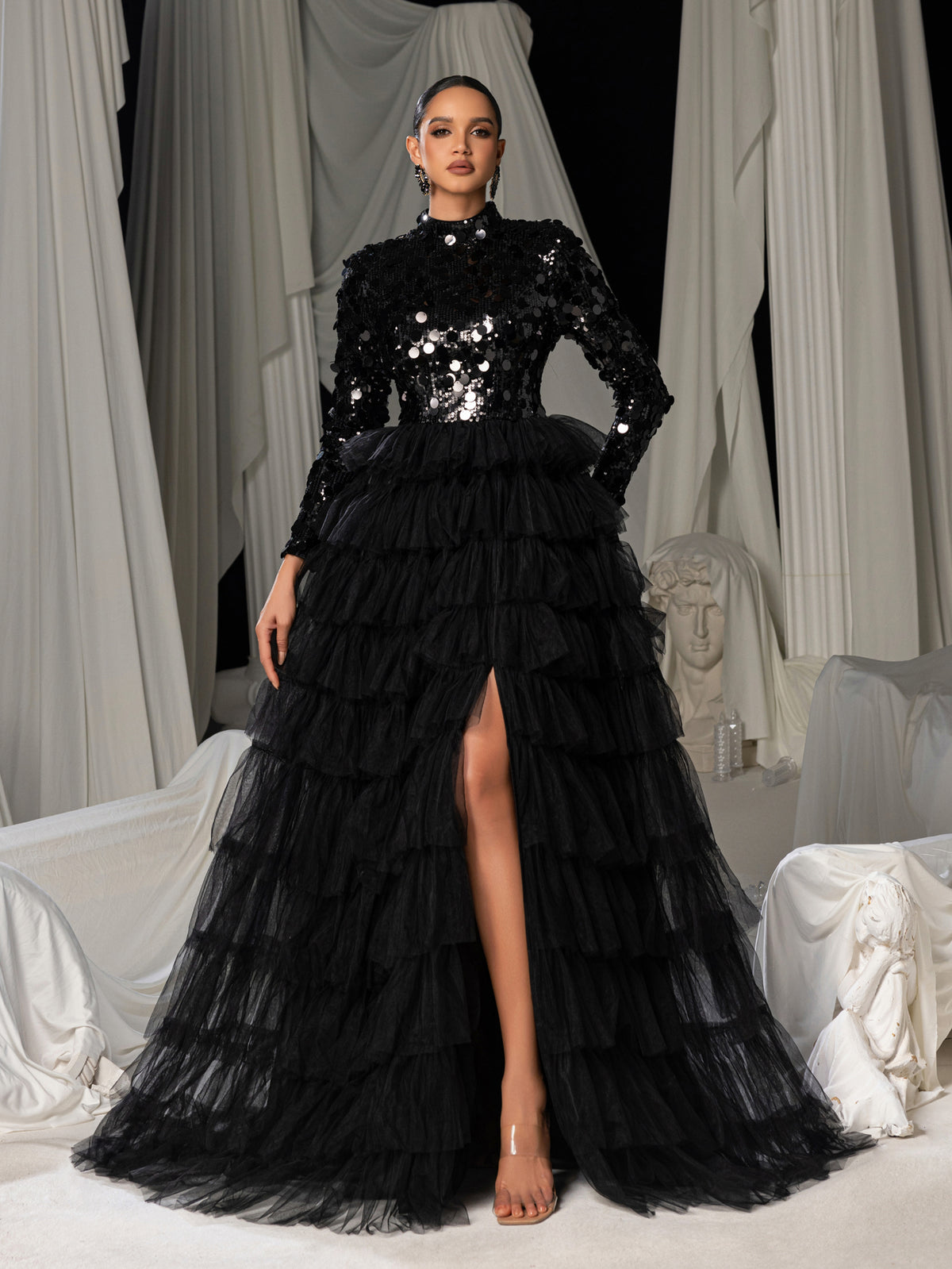 Gorgeous Mock Neck Sequin Bodice Contrast Split Tulle Layered Hem Prom Dress Wedding Dress