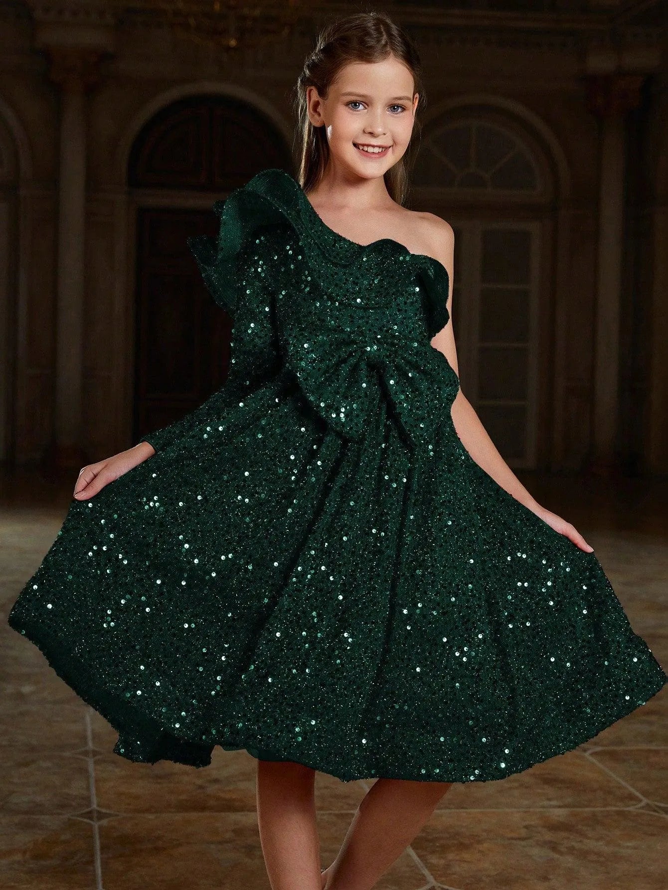 Tween Girls' One Shoulder Layered Ruffle Trim Sequin Party Dress - Elonnashop